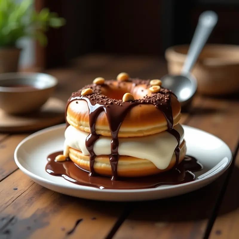 Sándwich de helado de vainilla entre dos donas glaseadas, con sirope de chocolate chorreando por los lados y virutas de chocolate espolvoreadas, postre extremo y tentador.