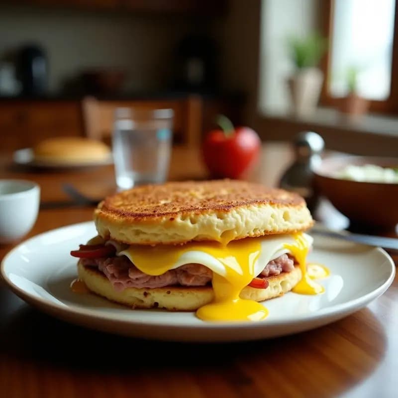 Sándwich alto y jugoso con milanesa de cerdo empanizada dorada, queso provolone derretido, huevo frito con yema líquida y salsa rosada, servido en pan brioche tostado con patatas fritas de fondo.