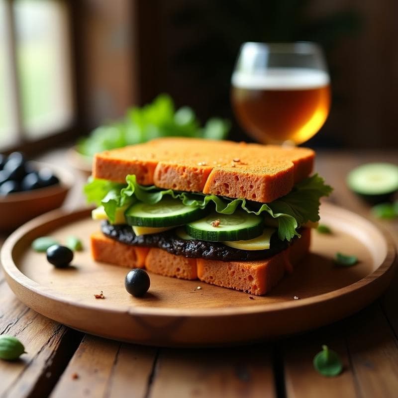 Sándwich abierto de pan de batata dorado con hummus negro de aceitunas, rodajas de pepino fresco y hojas de lechuga romana, sobre fondo rústico de madera. Receta sin gluten perfecta para llevar.