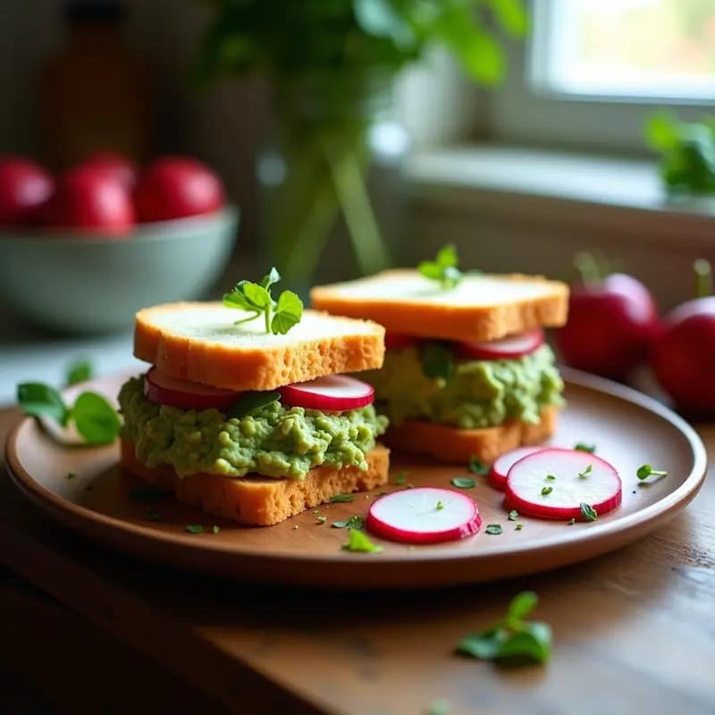 Sándwich de pan de batata sin gluten relleno de paté cremoso de berros y huevo, con rodajas de rábanos rosados. Presentado en un plato de madera con fondo rústico, receta portuguesa fresca y saludable.