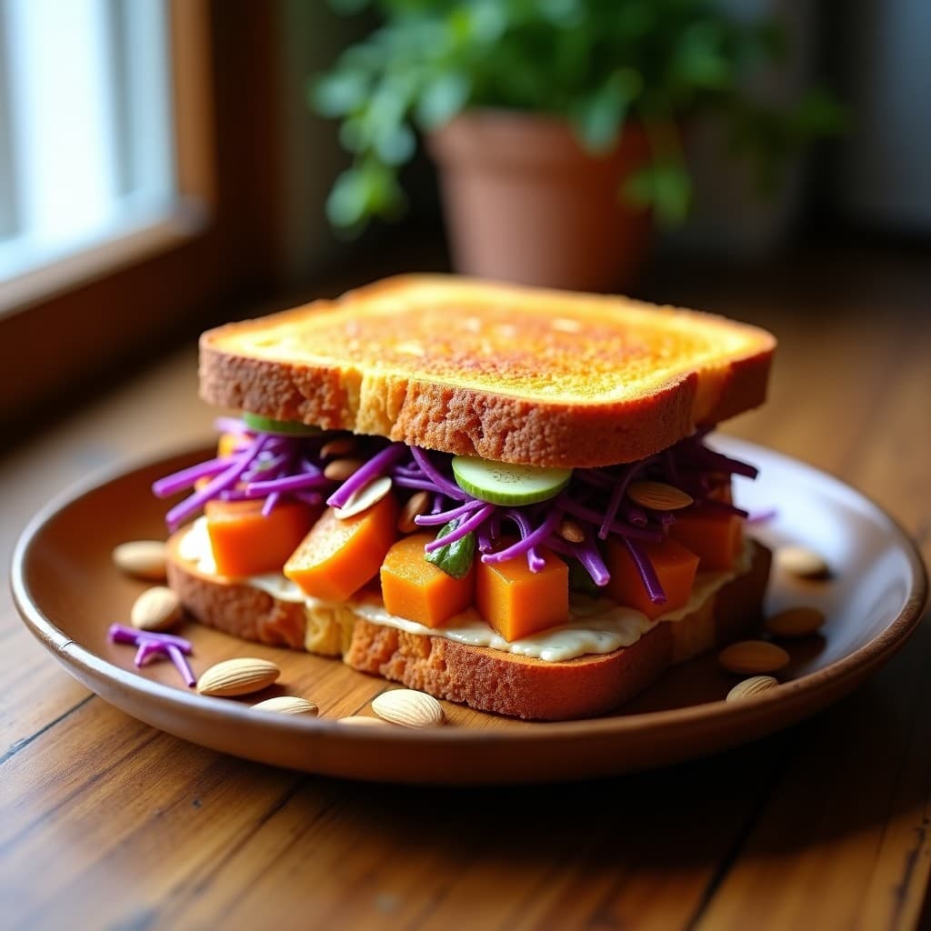 Sándwich abierto de pan de batata dorado relleno de tiras de pollo al curry rojo con leche de coco, ensalada crujiente de col morada, zanahoria rallada y almendras fileteadas, servido en un plato de madera rústico con fondo de cocina moderna.
