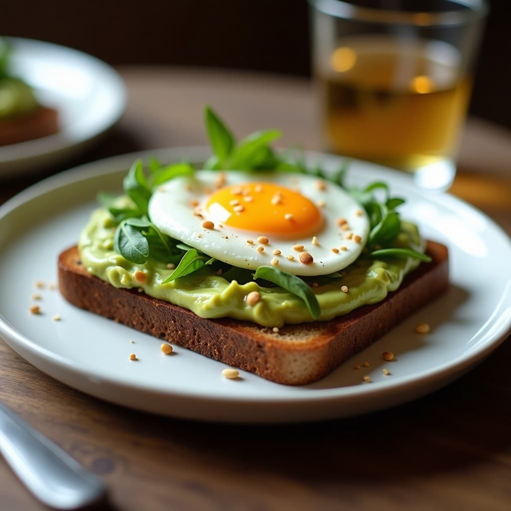 Sándwich abierto de pan de centeno tostado con cremoso aguacate machacado, huevo escalfado de yema líquida, rúcula baby y semillas de sésamo tostadas, servido en plato blanco sobre fondo de madera rústica. Desayuno alta en fibra en 10 minutos.