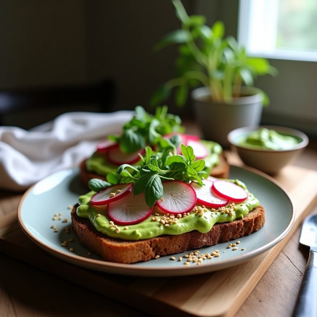 Sándwich abierto de pan de centeno tostado con crema de aguacate verde brillante, rábanos encurtidos en rodajas rosadas y hojas de berro fresco, espolvoreado con semillas de sésamo. Receta alemana vegana para llevar, servido en tabla de madera rústica.