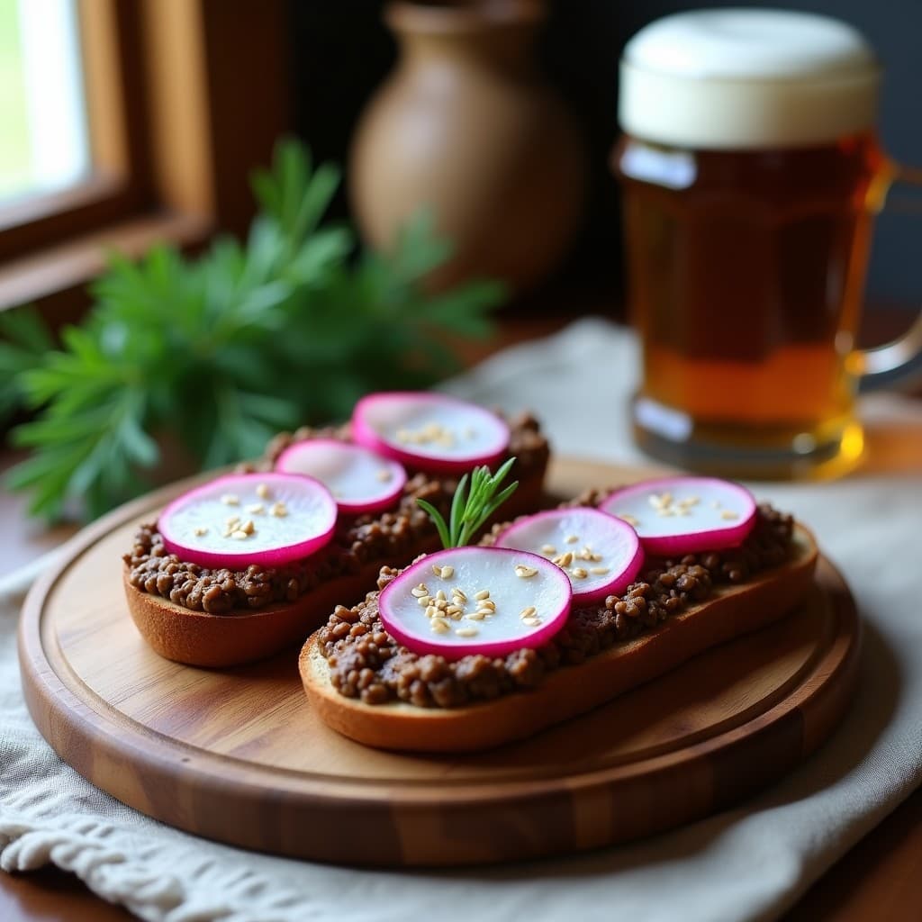 Sándwich abierto de pan de centeno sin gluten con paté de lentejas pardinas cremoso, rodajas finas de rábano negro y semillas de sésamo espolvoreadas. Receta alemana sin gluten, alta en proteína y fibra, servida en tabla de madera rústica.