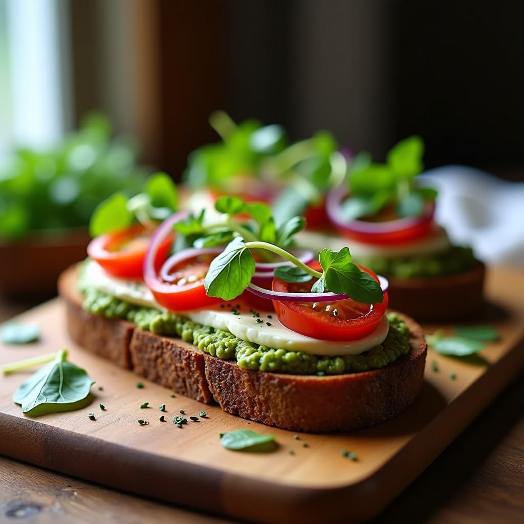 Sándwich abierto de pan de centeno sin gluten con capas de pesto verde de rúcula y culantro, queso de cabra cremoso, tomates cherry rojos, cebolla morada y brotes de soja frescos. Receta alemana sin gluten servida en un plato de madera rústico.