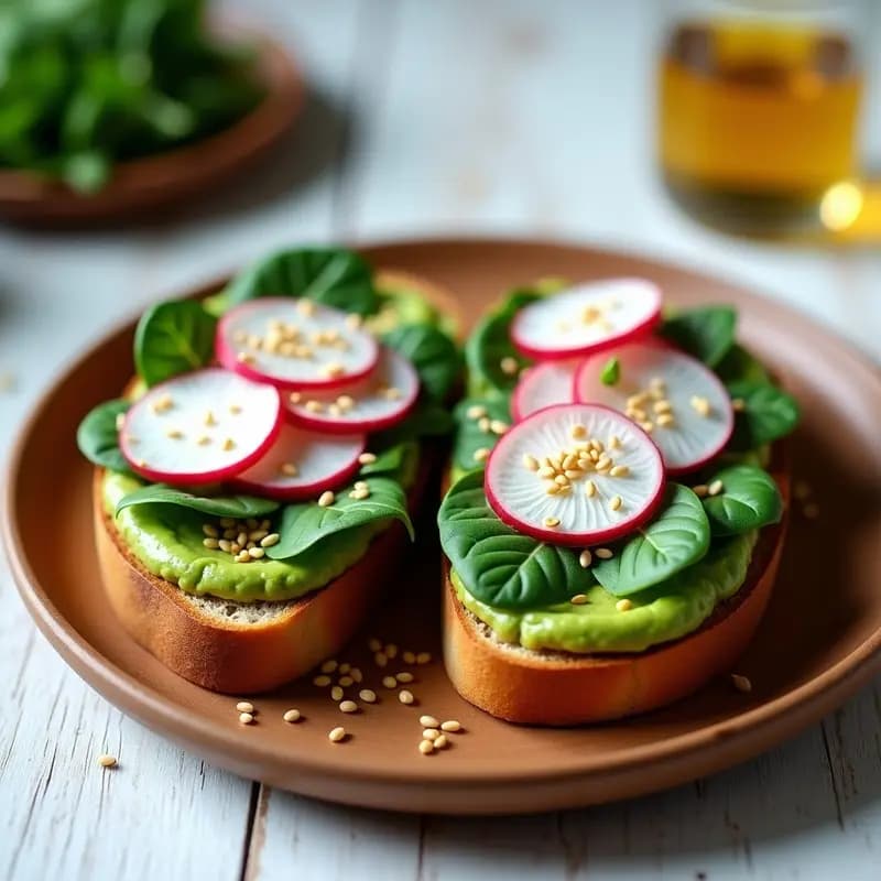 Sándwich abierto de pan de espelta tostado con una capa generosa de hummus de guisantes cremoso, hojas de espinaca fresca y rodajas finas de rábanos encurtidos rosados. Decorado con semillas de sésamo y hinojo picado, servido en un plato de madera rústico con fondo claro.
