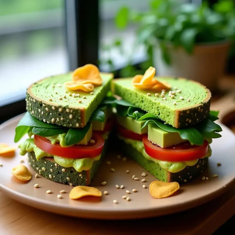 Sándwich de pan de molde verde de espinacas relleno de crema de aguacate, rodajas de tomate, rúcula y chips doradas de proteína de guisante. Receta alta en proteína y sin gluten, servido en tabla de madera con semillas de sésamo espolvoreadas.