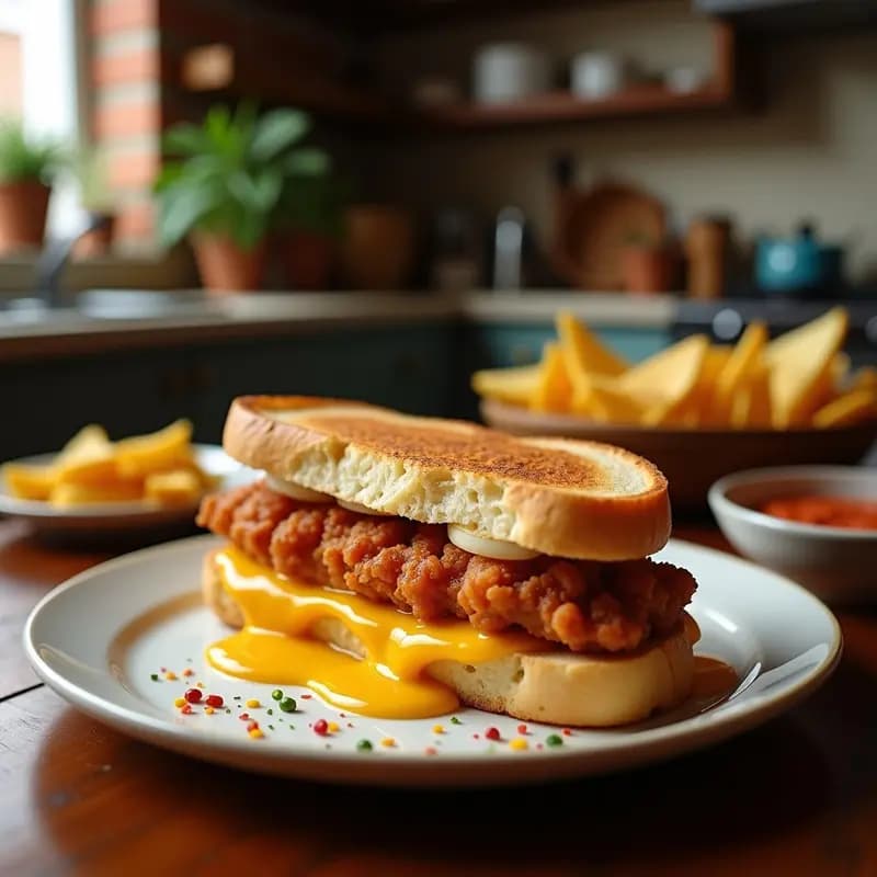 Sándwich de pan de molde dorado y crujiente relleno de plátano macho caramelizado y queso fundido derretido, servido en plato blanco con hilo de miel por encima, receta colombiana indulgente.