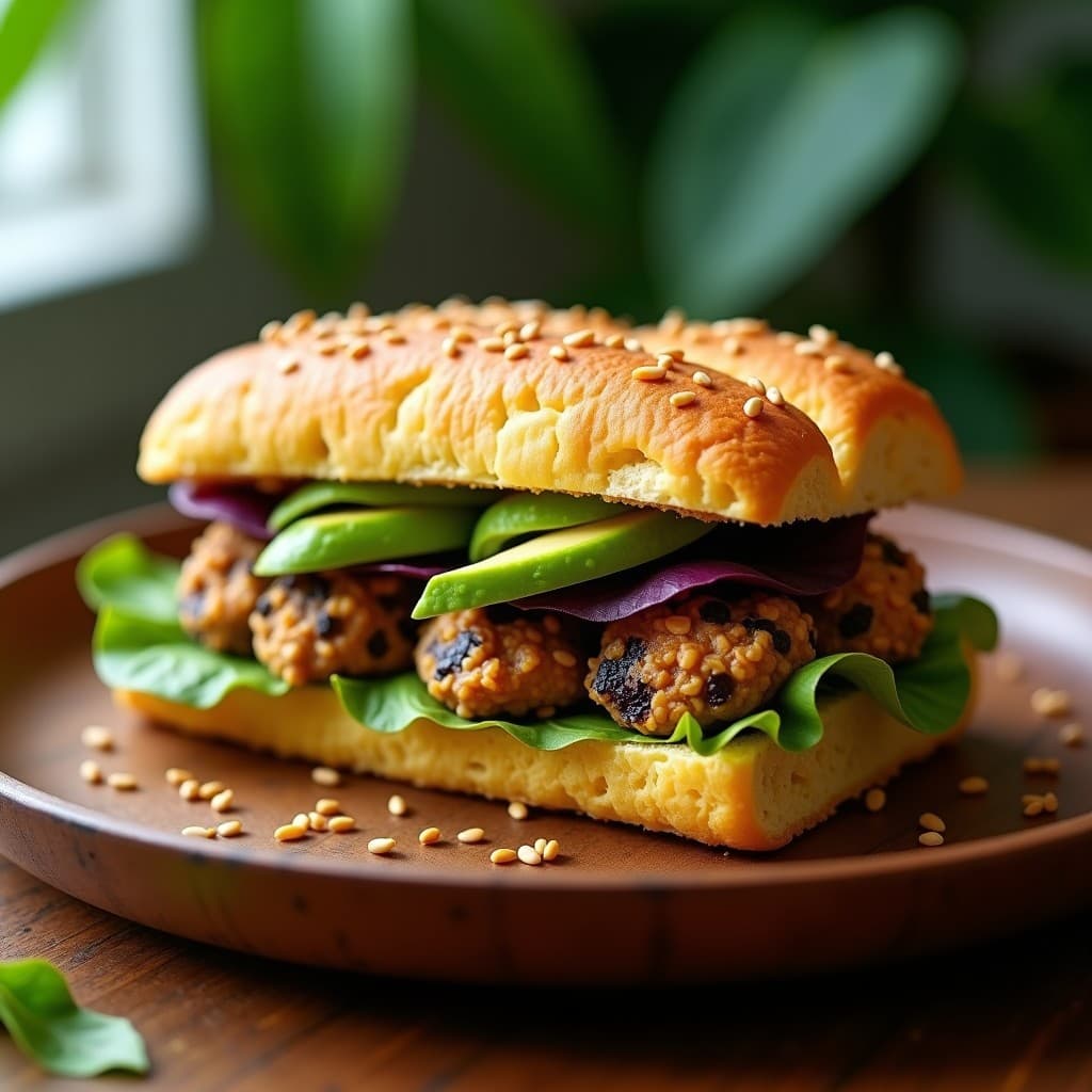 Sándwich vegano peruano de pan de maíz dorado y crujiente relleno de ceviche de hongos portobello marinado en leche de tigre, aguacate en láminas, lechuga morada y semillas de sésamo, servido en un plato rústico de madera con fondo de hojas verdes.