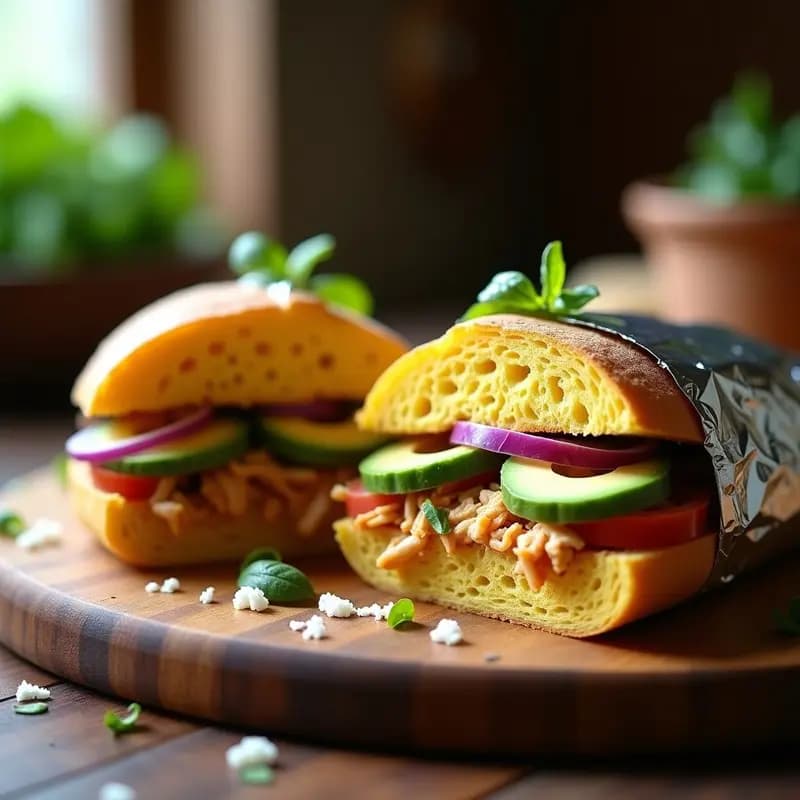 Sándwich de pan de maíz dorado relleno de pollo ahumado desmenuzado, aguacate en láminas, tomate, cebolla morada y queso fresco, con hojas de huacatay asomando. Receta peruana para llevar, servido en papel de aluminio sobre una tabla de madera rústica.