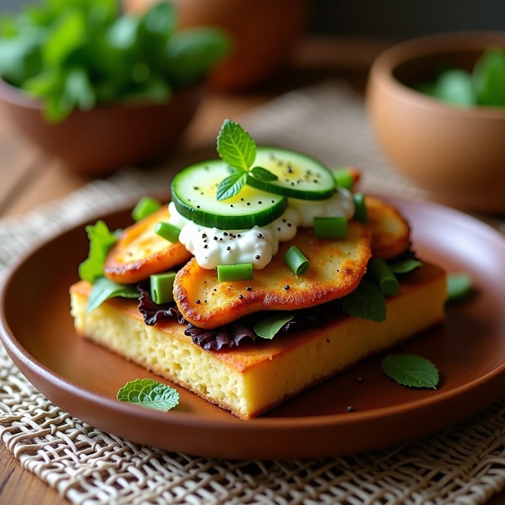 Sándwich abierto de pan de maíz tostado relleno de pollo dorado marinado en yogur y azafrán, ensalada de pepino con menta y sumac, y hojas de lechuga morada, sobre un plato de madera rústico con fondo de telas persas.