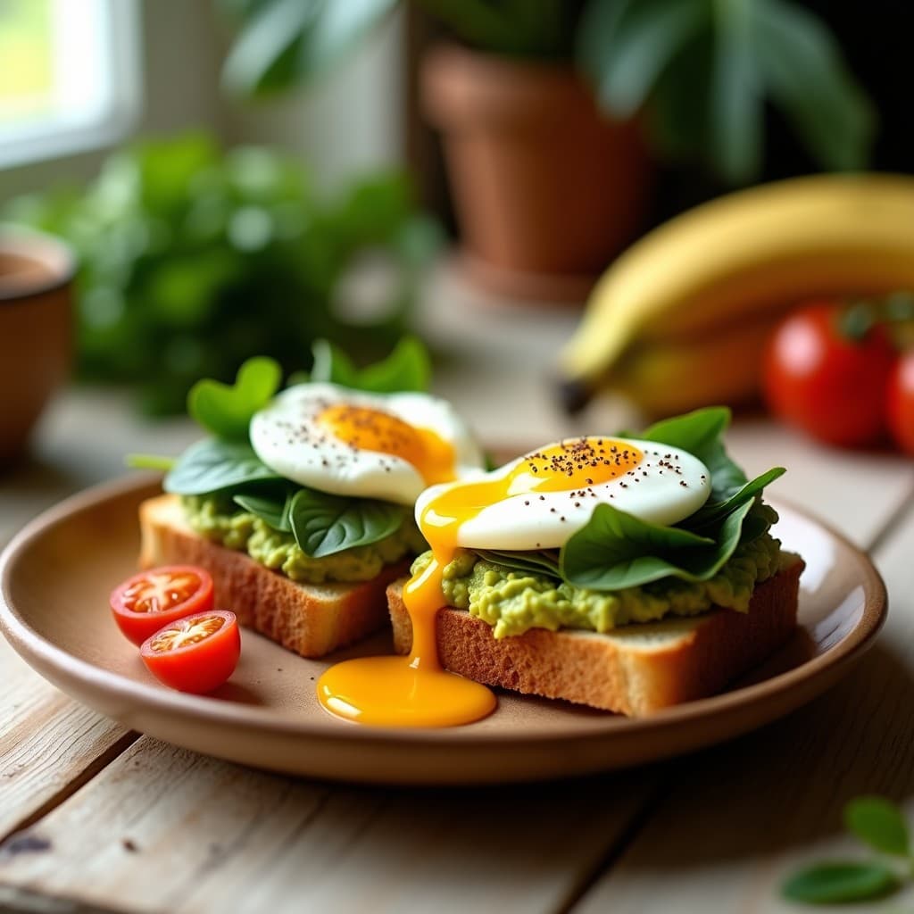 Sándwich abierto de pan de plátano dorado con aguacate cremoso, huevo poché de yema líquida, espinacas frescas y tomates cherry, servido en un plato de madera con fondo rústico. Receta de desayuno colombiano sin lácteos.