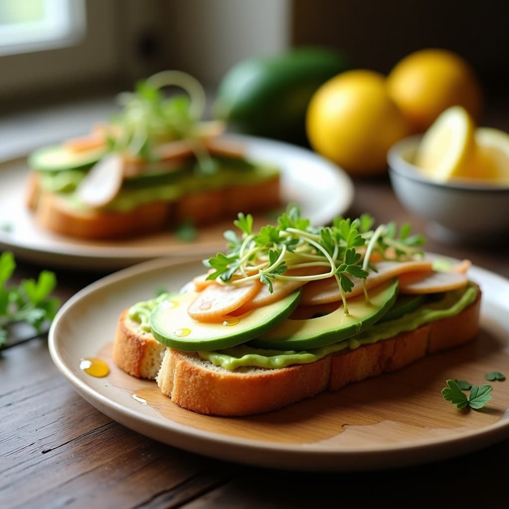 Sándwich abierto con pan de plátano dorado en Airfryer, relleno de pechuga de pavo jugosa, láminas de aguacate cremoso y brotes de alfalfa frescos, acompañado de un toque de mostaza de Dijon. Receta fit y alta en proteína.
