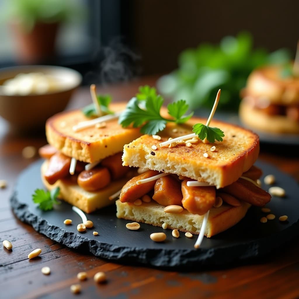 Sándwich tailandés de pan de plátano dorado relleno de pollo al satay, cacahuetes picados, cilantro y brotes de soja, servido en un plato negro con fondo de madera rústica. Receta en airfryer crujiente y aromática.