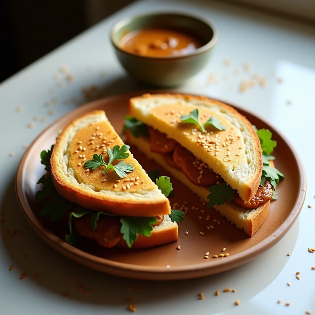 Sándwich abierto de pan de yuca dorado relleno de pate de berenjena ahumada cremoso y hojas de rúcula fresca, servido en plato de madera con semillas de sésamo espolvoreadas. Desayuno colombiano vegano y sin gluten.