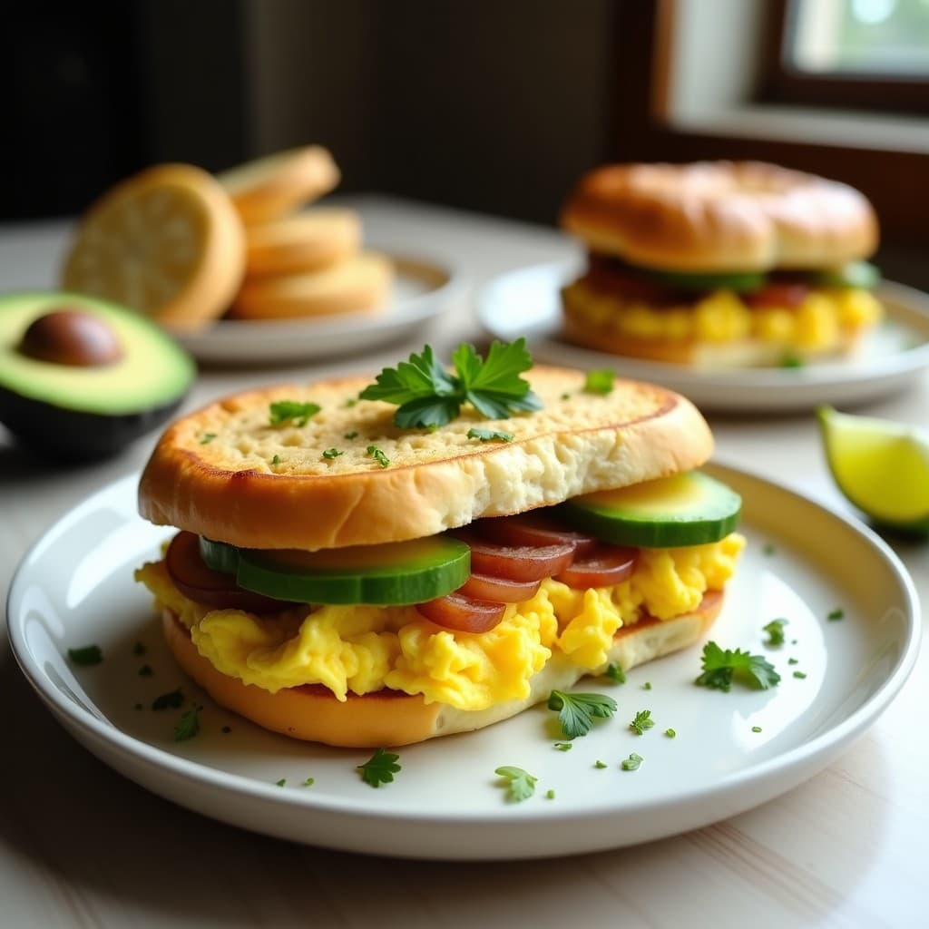 Sándwich abierto de pan de yuca dorado relleno de huevos revueltos cremosos con cebolla morada caramelizada, láminas de aguacate fresco y hojas de cilantro, servido en un plato blanco rústico con fondo de madera clara.