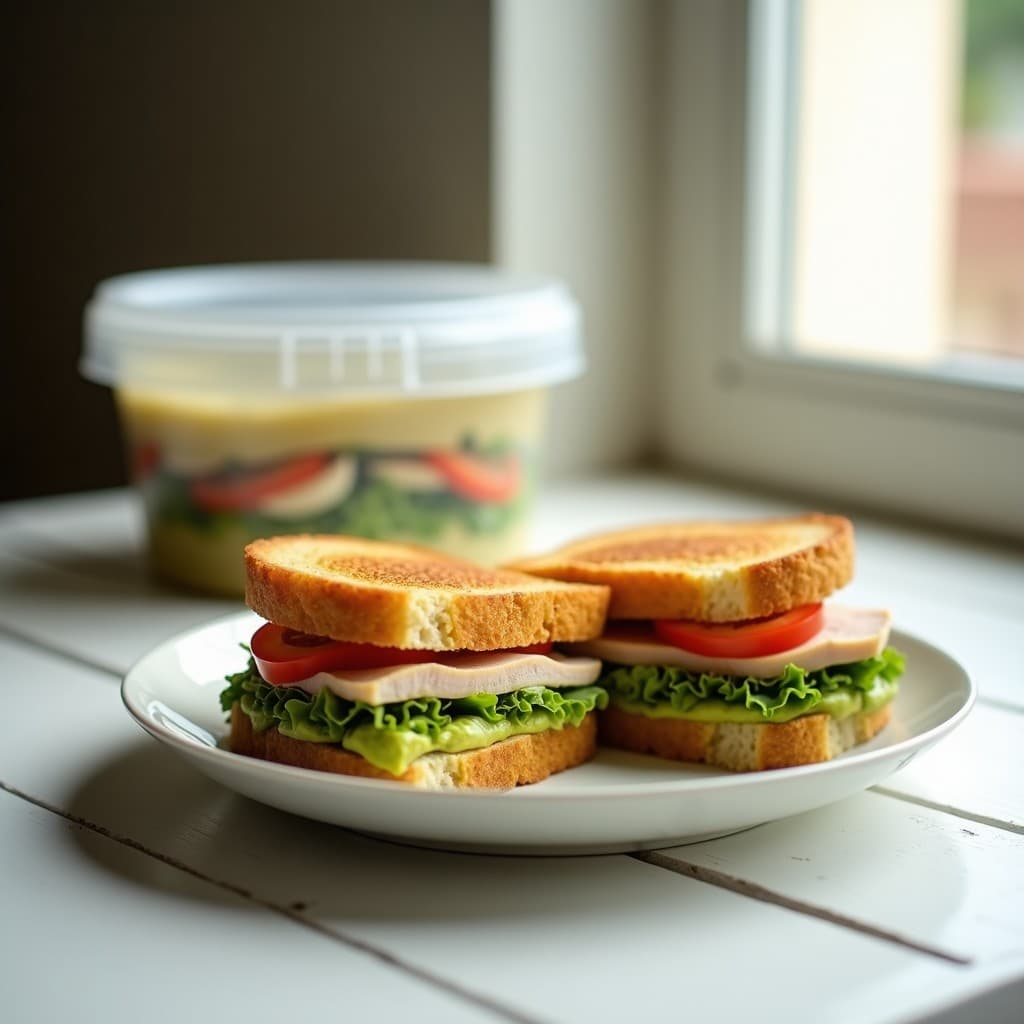 Sándwich colombiano keto de pan de yuca dorado relleno de pechuga de pavo ahumada al romero y puré de aguacate cremoso, servido en un tupper transparente con hojas de cilantro fresco.