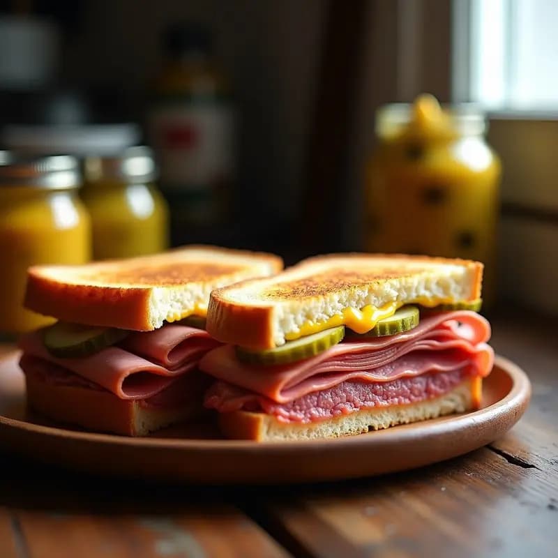 Sándwich de pastrami con queso suizo fundido, mostaza dulce, cebolla morada salteada y pepinillos, montado en pan de centeno tostado y dorado, servido en un plato de madera con fondo de delicatessen.