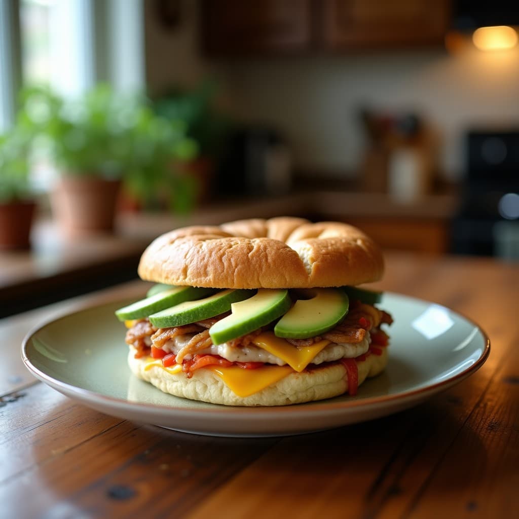 Sándwich fitness abierto mostrando pan integral tostado con puré de aguacate cremoso, pechuga de pavo en lonchas, espinacas frescas, tomate cherry y cebolla morada. Receta alta en proteína y baja en calorías.