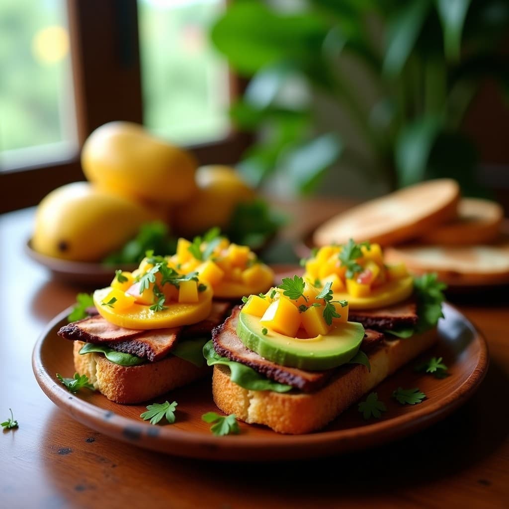 Sándwich abierto de pan de plátano macho dorado relleno de pechuga ahumada en láminas, aguacate en rodajas y salsa de mango con trozos de cebolla morada y cilantro, sobre un plato de madera rústico con fondo tropical.