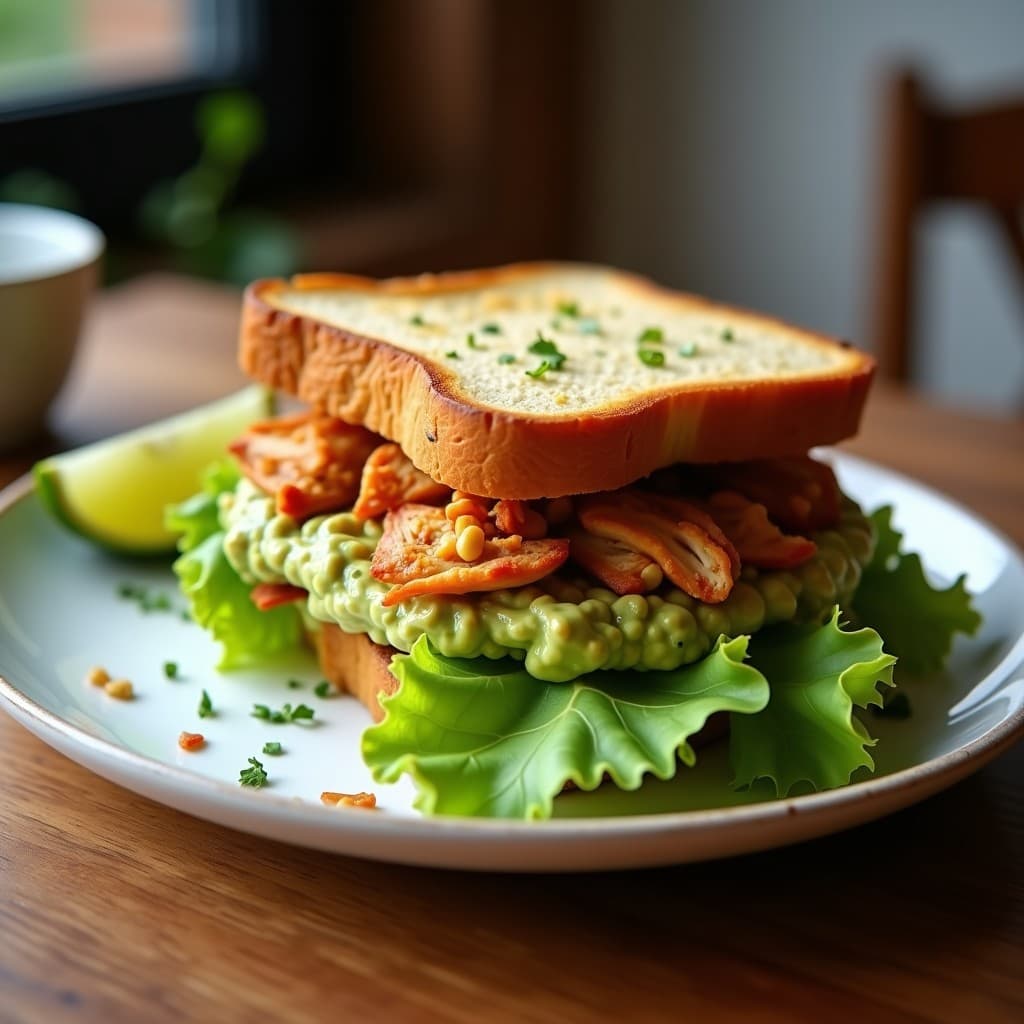 Sándwich de pollo desmenuzado con aguacate y chipotle en pan brioche tostado, servido en tupper con lechuga romana asomando. Plato mexicano picante y cremoso, ideal para llevar.