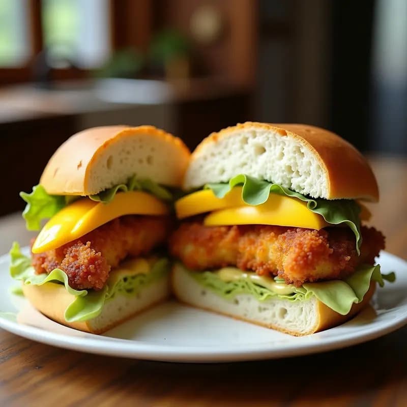 Sándwich de pollo crujiente con mayonesa de wasabi y mango, montado en pan de brioche tostado, con capas visibles de lechuga, pollo empanizado dorado y láminas de mango, servido en un plato blanco con fondo rústico.
