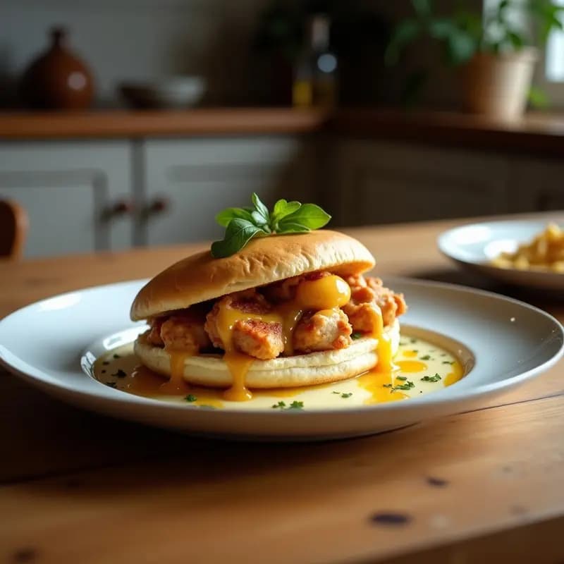 Sándwich de pollo crujiente con miel y queso azul servido en tabla de madera, con el pan brioche dorado, lechuga fresca, tomate y el pollo empanizado dorado cubierto de trozos de queso azul y un hilo de miel brillante.