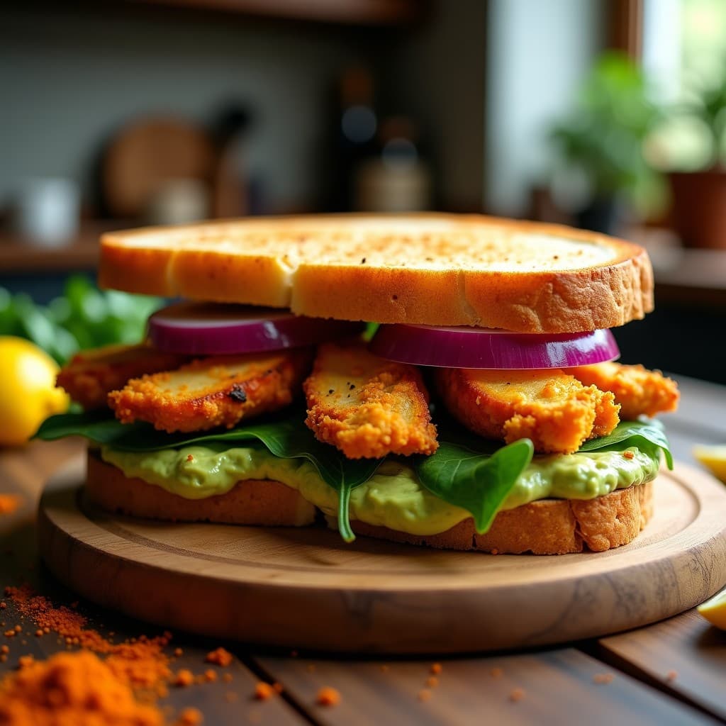 Sándwich abierto de pan integral tostado con tiras de pollo dorado al curry, aguacate cremoso, cebolla morada y espinacas frescas, preparado en airfryer.