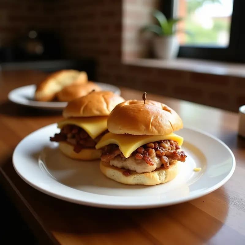 Sándwich de tres pisos cortado por la mitad mostrando capas de pan de brioche dorado, pollo frito crujiente, costillas BBQ glaseadas y queso cheddar fundido derritiéndose, sobre un fondo rústico de madera.