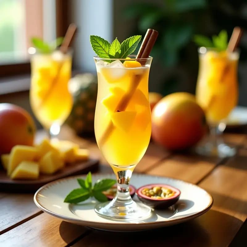 Copa alta de cristal transparete con sangría blanca de frutas tropicales sin azúcar, llena de cubos de hielo, trozos de mango, piña y maracuyá, decorada con hojas de menta y una rama de canela. Fondo borroso con más copas y frutas tropicales sobre una mesa rústica de madera.