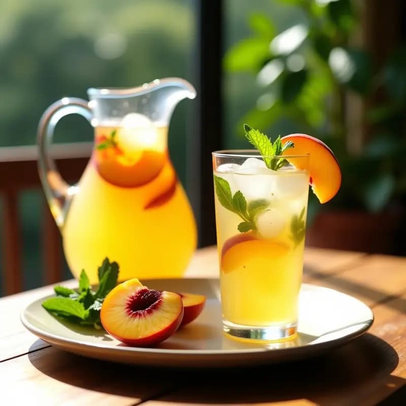 Jarra de cristal llena de sangría blanca con melocotón y menta, cóctel veraniego sin alcohol, servida en vasos altos con hielo y decorada con rodajas de melocotón y hojas de menta fresca.