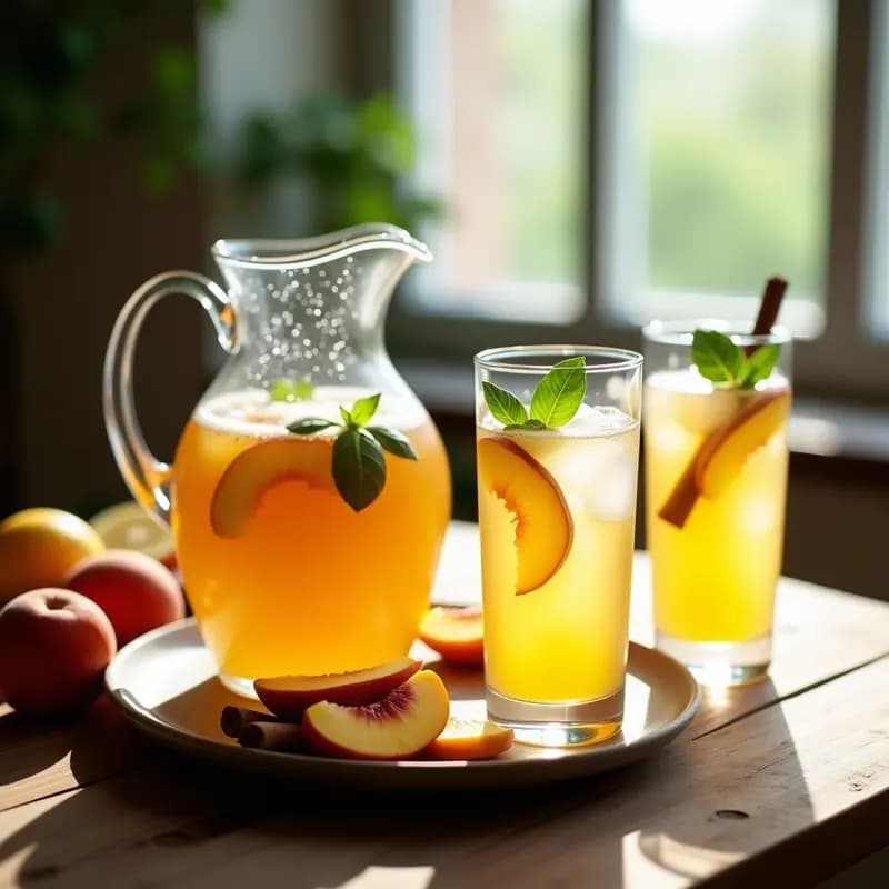 Jarra de cristal transparente llena de Sangría Blanca de Peach y Albahaca sin alcohol, con rodajas de durazno amarillo, hojas de albahaca fresca, limón y canela en rama flotando. Copas altas con hielo y decoración de albahaca al lado, sobre una mesa rústica de madera con luz natural veraniega.