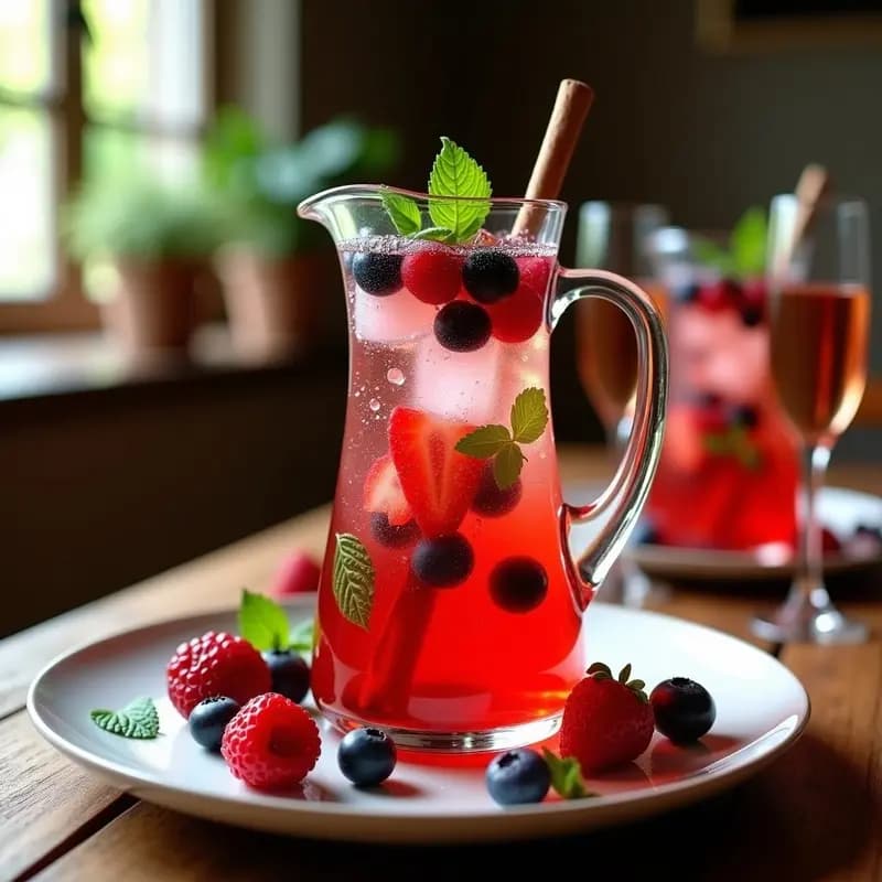 Jarra de cristal transparente llena de sangría de cava con frutas rojas, burbujas visibles y hielo, decorada con hojas de menta y una rama de canela, sobre una mesa rústica con copas de champán y frutas frescas alrededor.