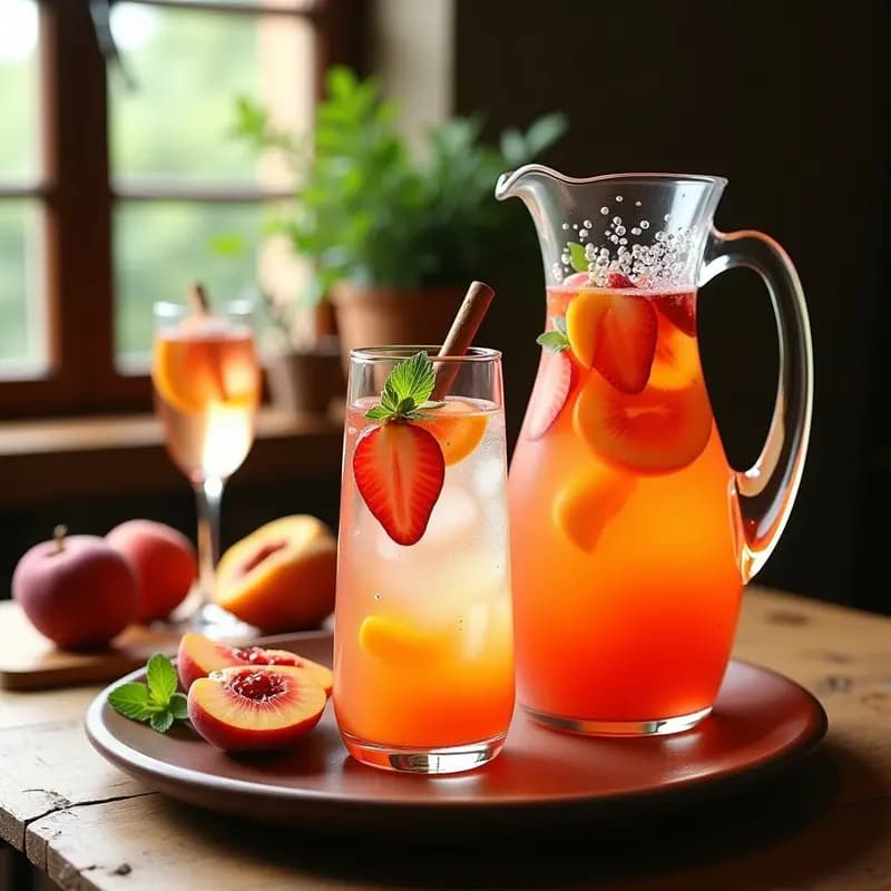 Jarra de cristal llena de sangría de cava con frutas de temporada como fresas, melocotón y albaricoques, burbujas visibles, hielo y una rama de canela. Copas altas con la bebida espumosa y rodajas de fruta como decoración, sobre una mesa rústica de madera con luz natural.