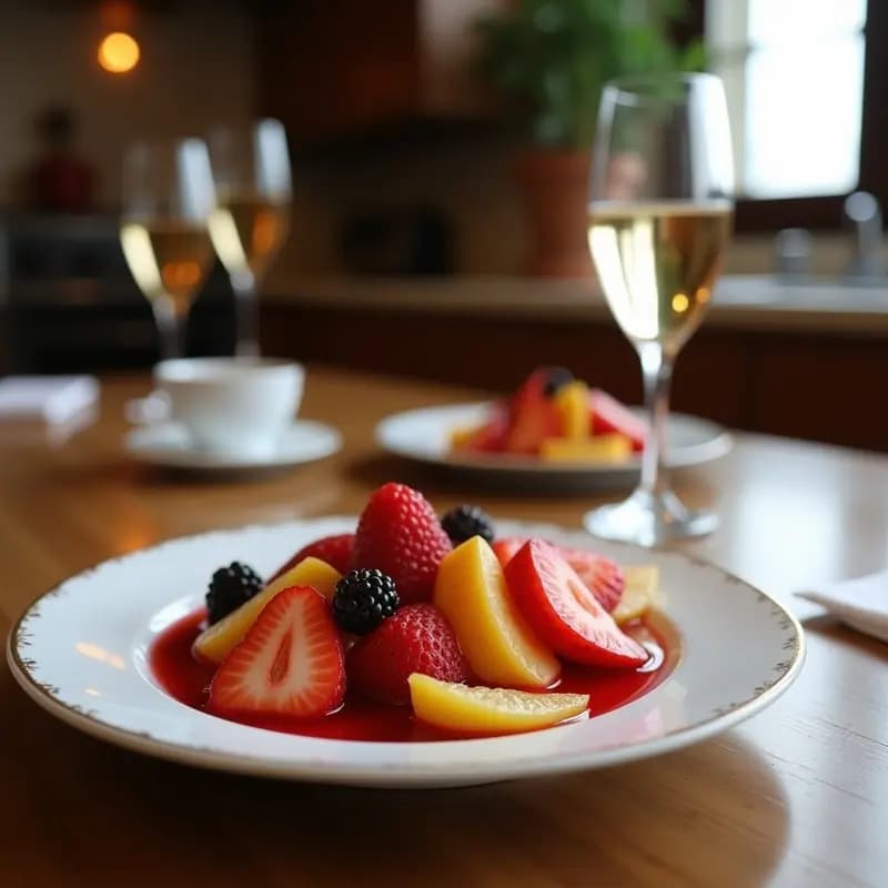 Jarra de cristal con sangría de frutas con cava, burbujeante y colorida, llena de trozos de manzana, naranja, fresas, arándanos y canela, servida en copas altas con hielo y decorada con rodajas de fruta fresca.