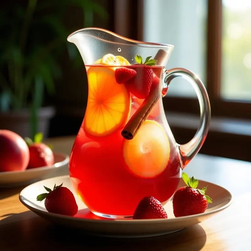 Jarra de vidrio transparente con sangría de frutas roja y blanca en capas, trozos de fresa, melocotón, naranja y limón flotando, canela en rama y hielo. Fondo de terraza veraniega con luz natural.