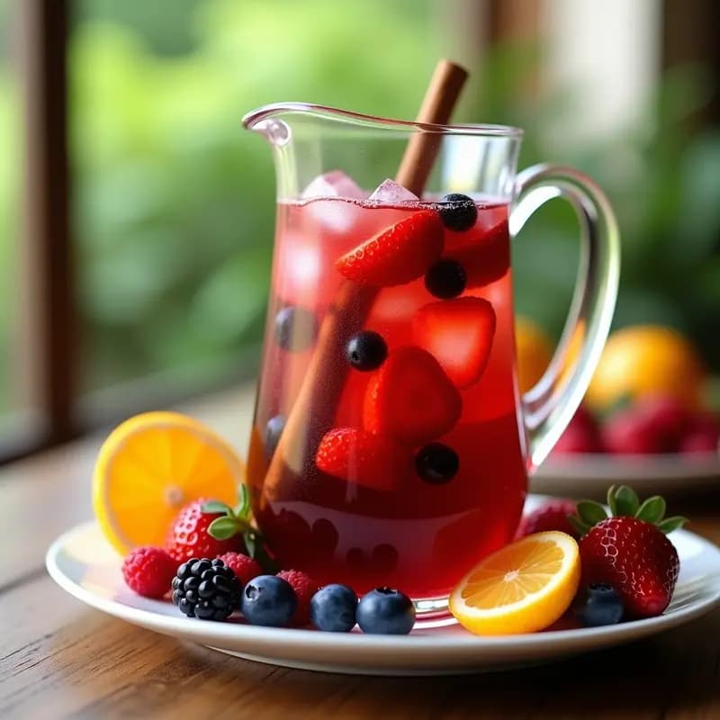 Jarra de cristal llena de Sangría de Frutas Rojas con Licor de Hierbas, frutas frescas flotando, rodajas de limón y naranja, canela en rama y hielo, sobre una mesa rústica de madera con fondo de verano.