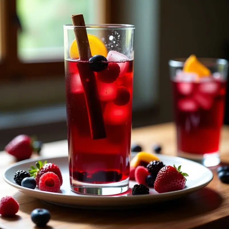 Jarra de cristal transparente llena de Sangría de Frutas Rojas con Vino Tinto y Brandi, con fresas, frambuesas, arándanos y moras flotando, decorada con ramita de canela y rodajas de limón, servida con copas altas y hielo.