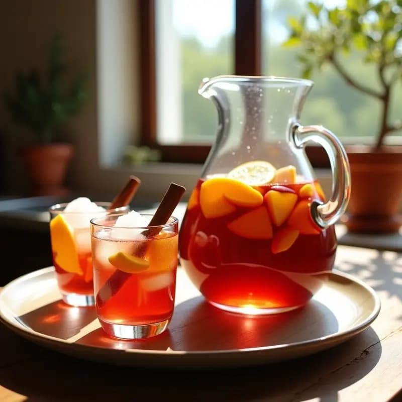 Jarra de cristal transparente llena de sangría de frutas de temporada con trozos de melocotón, albaricoque, pera, naranja y limón flotando en vino tinto, acompañada de copas con hielo y una rama de canela, sobre una mesa rústica de madera con fondo de verano español.