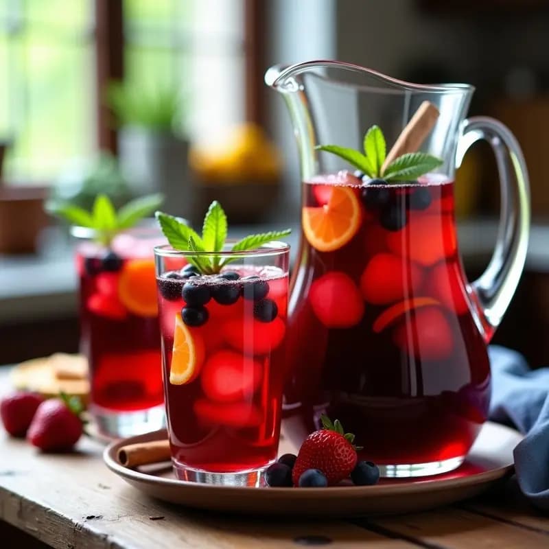 Jarron de vidrio transparente lleno de sangría de frutos rojos con vino tinto y brandy, frutas frescas flotando como fresas, arándanos y naranja, servido con hielo y una rama de canela, ideal para compartir en verano.