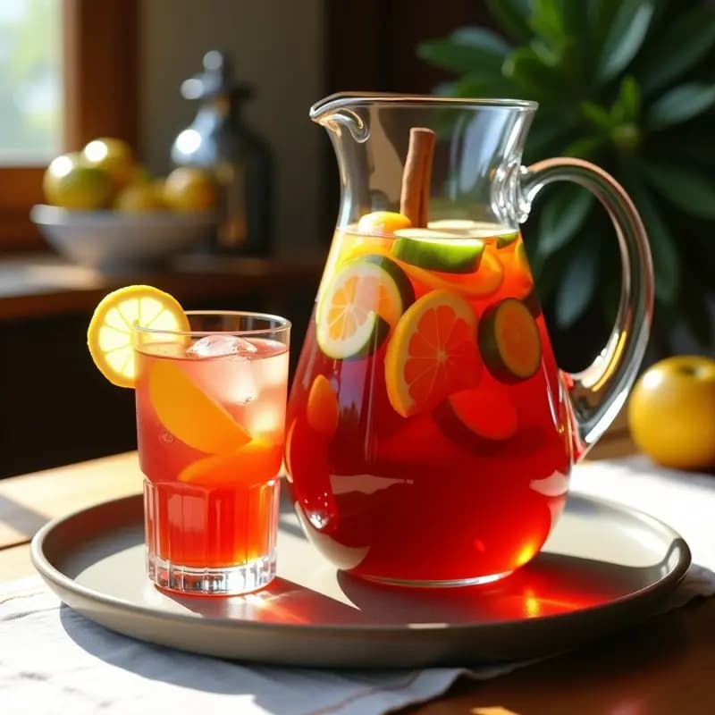 Jarra de cristal llena de sangría tradicional española con rodajas de naranja, limón, manzana y pepino flotando, servida con hielo y una copa al lado, bajo luz natural de verano.