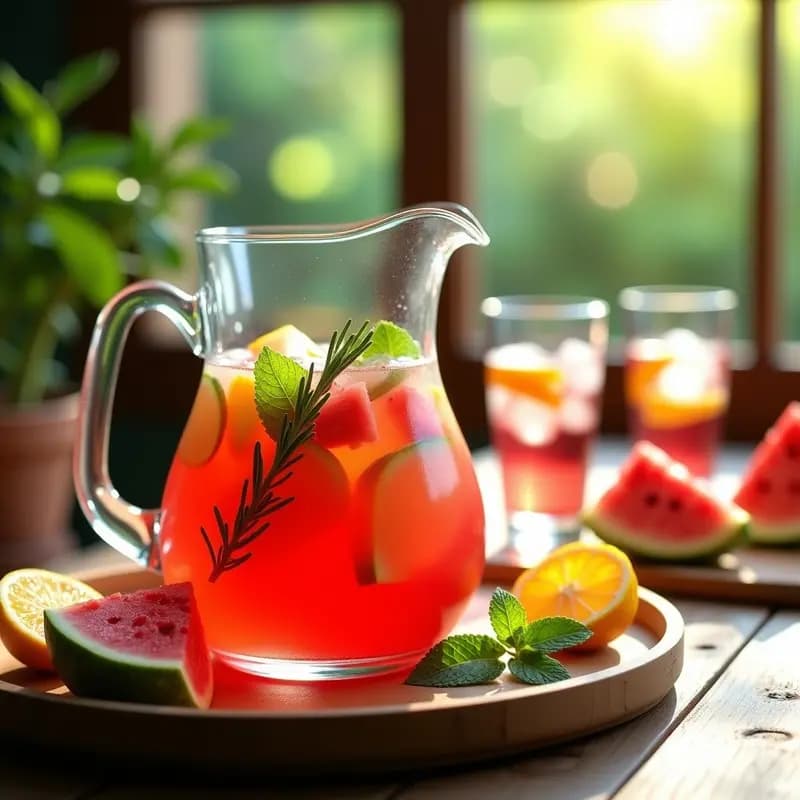 Jarra de cristal llena de sangría de verano con trozos de sandía, rodajas de naranja y limón, manzana en cubos, ramitas de menta y romero, y hielo. Bebida refrescante sin alcohol sobre una mesa rústica con vasos altos y fondo de verano soleado.