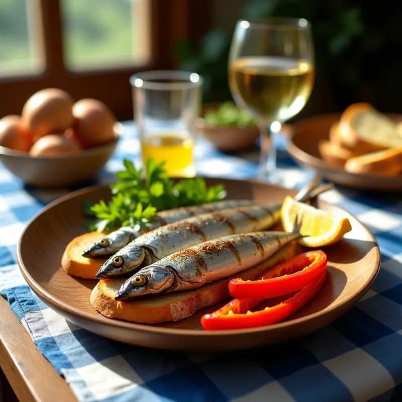 Plato rústico de madera con sardinas asadas doradas, pimientos rojos asados en trozos y rebanadas de pan de pueblo tostado, decorado con perejil y gajos de limón. Receta de sardinas asadas con pimientos asados y pan de pueblo.