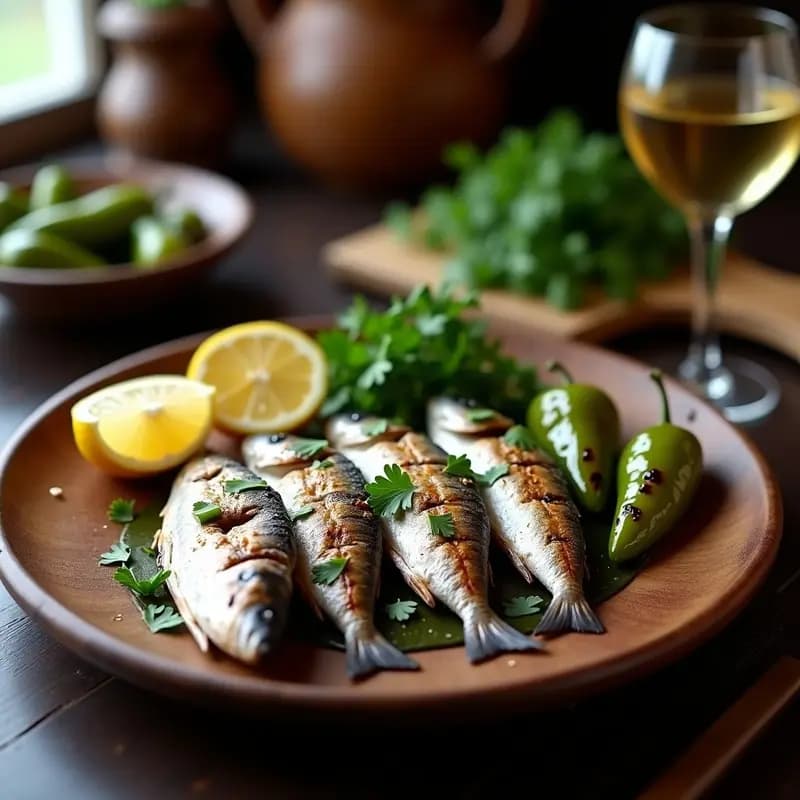 Plato rústico de madera con sardinas asadas doradas y crujientes, acompañadas de pimientos verdes italianos asados con manchas negras. Decorado con perejil fresco y gajos de limón, típico de la receta vasca de grill o horno.