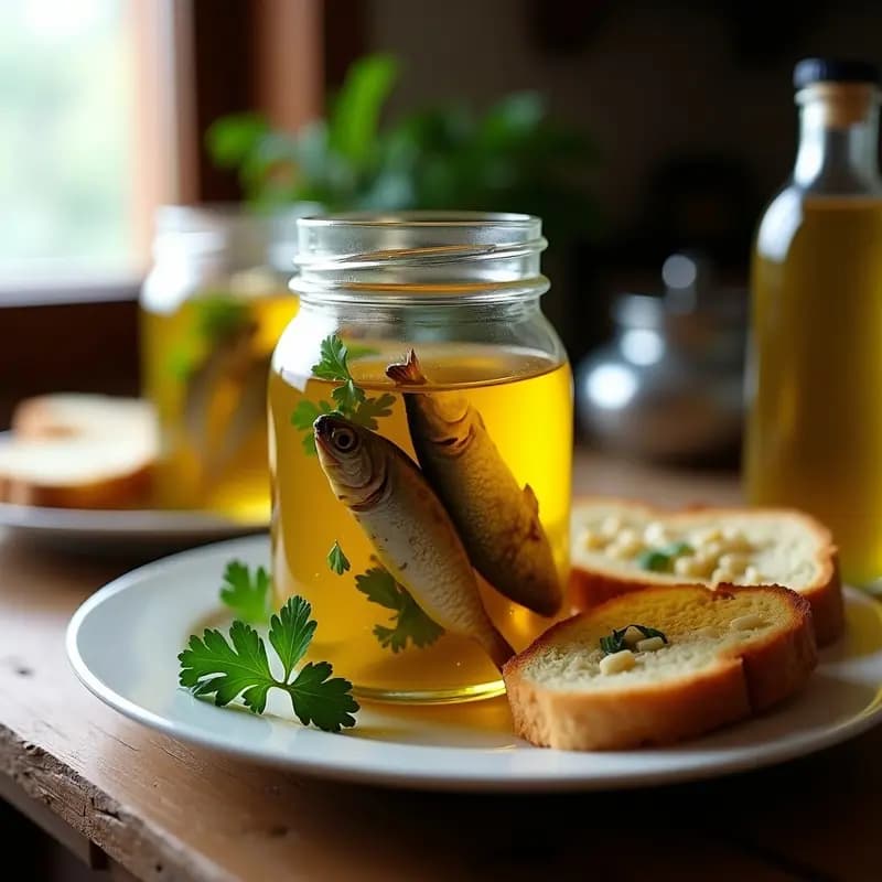 Tarro de vidrio transparente lleno de sardinas en escabeche con ajo y perejil, bañadas en aceite de oliva y vinagre, con trozos de ajo y hojas de perejil visibles. Plato rústico de fondo con pan tostado.
