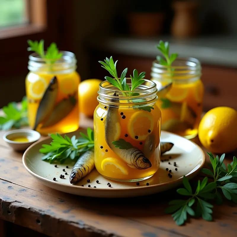 Tarros de vidrio transparentes llenos de sardinas en escabeche con limón y laurel, rodeados de rodajas de limón y hojas de perejil fresco sobre una mesa de madera rústica.