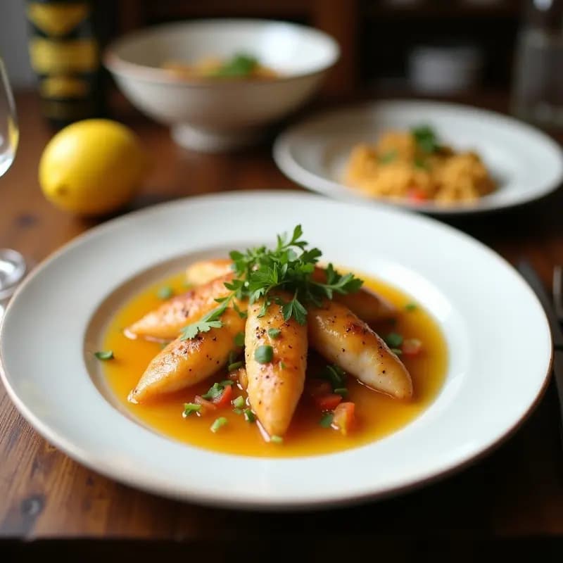 Frasco de vidrio transparente lleno de filetes de sardinas en escabeche con vinagreta de limón, rodeados de rodajas de limón, ajo, cebolla morada y zanahoria, sobre fondo rústico de madera. Aperitivo andaluz tradicional listo para servir.