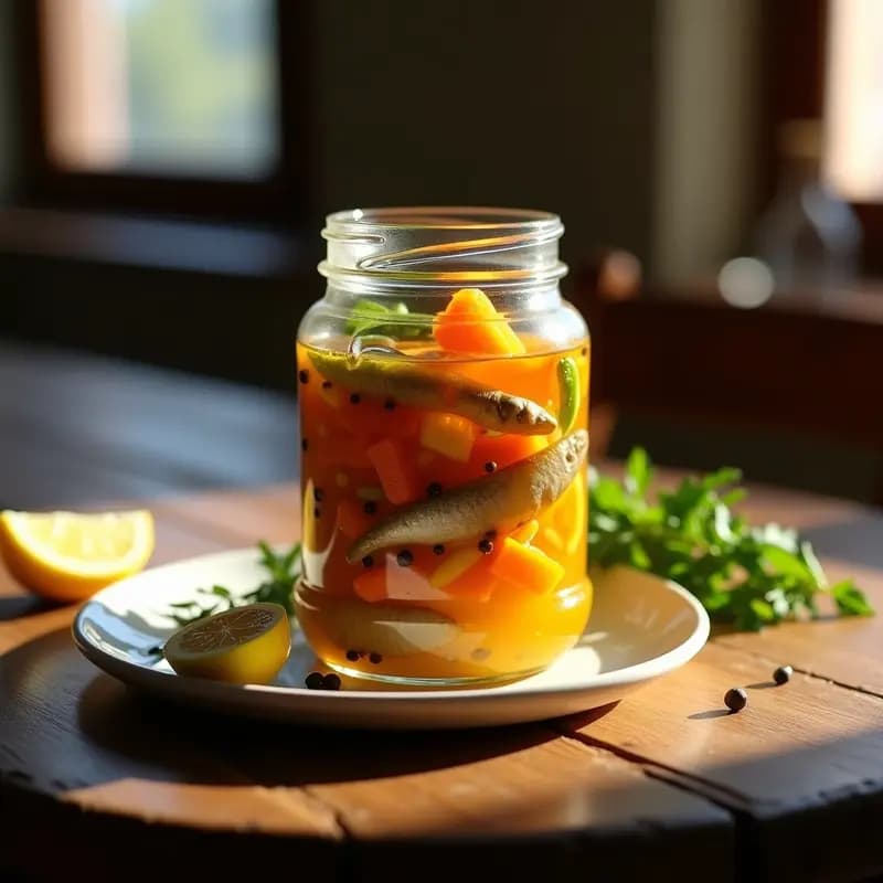 Tarro de vidrio transparente con sardinas en escabeche, zanahoria en rodajas y ajos enteros, bañados en aceite de oliva y vinagre, sobre una mesa de madera rústica con hierbas frescas.