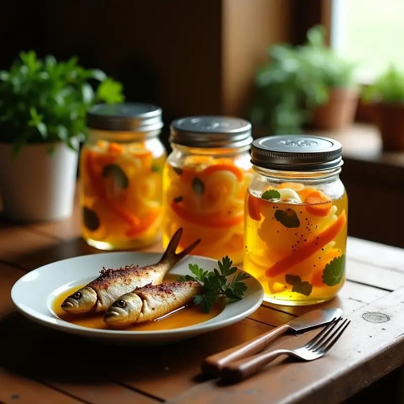 Tarros de cristal transparentes llenos de sardinas doradas en escabeche, acompañadas de rodajas de zanahoria naranja y cebolla blanca en juliana, bañadas en un líquido dorado de aceite y vinagre. Plato tradicional español para conservar, servido en una mesa rústica de madera con hierbas frescas al lado.