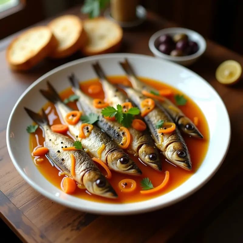 Plato de sardinas en escabeche frías, doradas y jugosas, bañadas en un líquido ambarino con trozos de cebolla, zanahoria y perejil fresco, servidas en fuente de barro sobre mesa rústica.